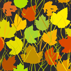 Vector seamless background with autumn maple leaves  for fashion textile or web background. green yellow orange beige silhouette on black background. Vector