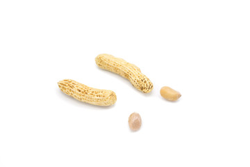 Dried peanuts in closeup,Peanuts in shells on wood background,isolated on white