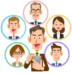 ビジネス スマートフォン ソーシャルネットワーク 笑顔 おじさん