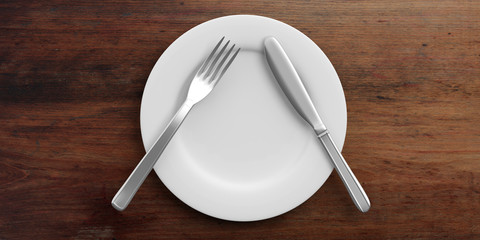 Place Setting, pause signal, on wooden background. 3d illustration