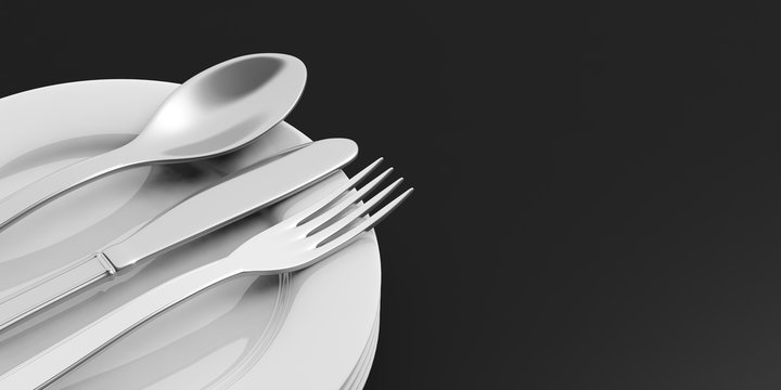 Stack of plates and cutlery on black background. 3d illustration