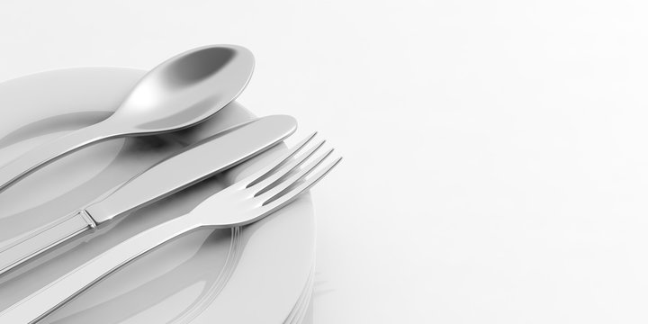 Stack of plates and cutlery on white background. 3d illustration