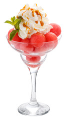 Balls of watermelon in a glass Cremant with whipped cream and topping. Isolated on white.