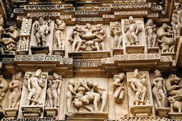 India, Sculptures religious erotic sybmboli of the Indian faith on walls of temples in Khujaraho...