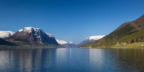 View of the lake Jølstravatnet from Skei in the municipality of Jølster in Sogn og Fjordane county, Norway