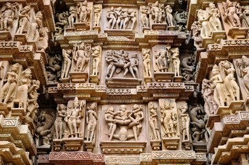 India, Sculptures religious erotic sybmboli of the Indian faith on walls of temples in Khujaraho temples. Madhya Pradesh