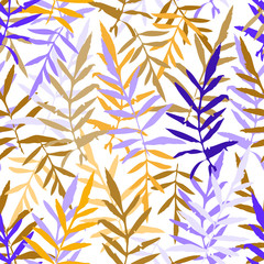 Seamless pattern with leafs tropical fern palm for fashion textile or web background. orange ultramarine violet brown silhouette on white background. Vector