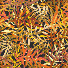 Seamless pattern with leafs tropical fern palm for fashion textile or web background. Gold yellow mustard orange brown silhouette on Black background. Vector