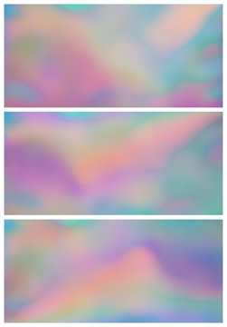 Set of 3 holographic background, iridescent gradients in beautiful shades of pink, green, orange, yellow, blue and other dreamlike colors. Perfect as wallpaper or backdrop. Aspect ratio: 16:9