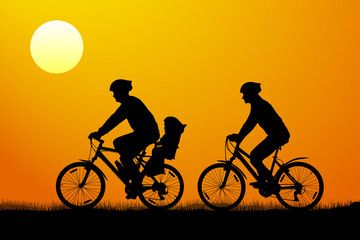 Obraz premium Young couple with child on mountain bikes at sunset, vector silhouette