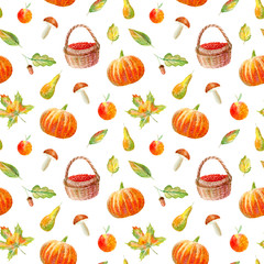 Seamless pattern of a pumpkin, floral, basket, berries,maple,boletus, apple and pear. Autumn picture. Watercolor hand drawn illustration.White background.