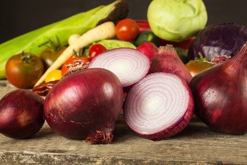 Fresh red onion. Homemade salad dressing with red onion. Healthy food.
