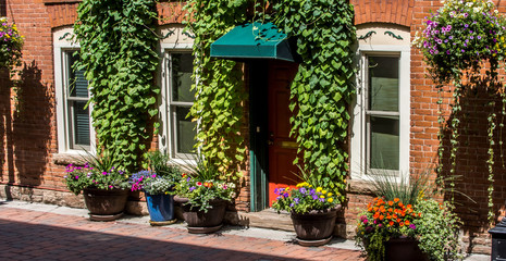 Ivy and flowers surrounding a red door in an old brick building 