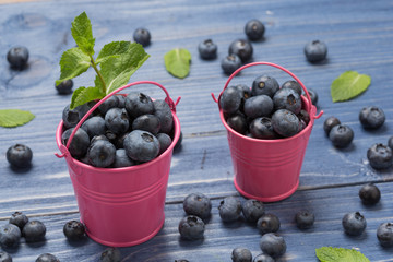 Black ripe berries lie in a colored bucket and are scattered on a wooden board