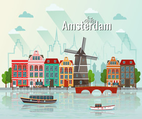 Vector illustration of Amsterdam. Old european city. - obrazy, fototapety, plakaty