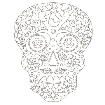 Doodle stylized black and white sugar skull, hand drawing, stock vector illustration