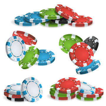 Casino Chips Stacks Vector. 3D Realistic. Colored Poker Game Chips Falling Dawn Sign Illustration.