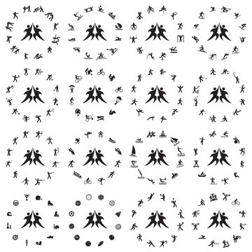 Black sports icons set. Vector shapes athletes.