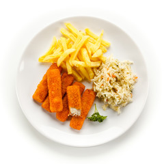 Fried fish sticks with french fries on white background