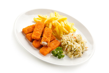 Fried fish sticks with french fries on white background