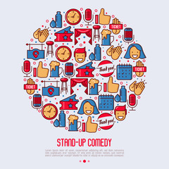 Stand up comedy show concept in circle with thin line icons. Vector illustration for banner, web page, print media.