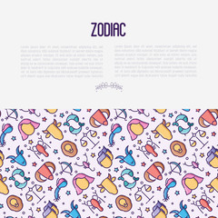 Zodiac signs concept with thin line icons for banner with horoscope, web site or background. Vector illustration.