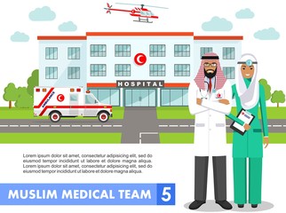Fototapeta premium Medical concept. Detailed illustration of muslim arabian doctor, nurse, helicopter, ambulance car and hospital building in flat style on white background. Practitioner arabic doctors standing.