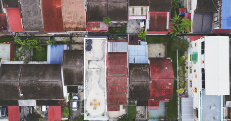 An aerial view of colorful roof top.