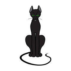 A black cat with green eyes. Halloween. Love for animals. Isolated on white. Illustration. Vector.