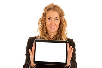 Business woman showing tablet with blank display for text or commercial advertisement ad