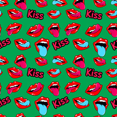 Female lips. Mouth with a kiss, smile, tongue, teeth and kiss me lettering on background. Vector comic seamless pattern in pop art retro style. Abstract seamless pattern for girls, boys, clothes.