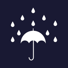 Umbrella and rain. White vector icon on dark blue background.