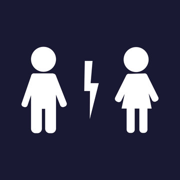 Divorced couple on circle. Man and woman characters quarrel. Symbol of  marriage problems.Quarrel.  White vector icon on dark blue background.