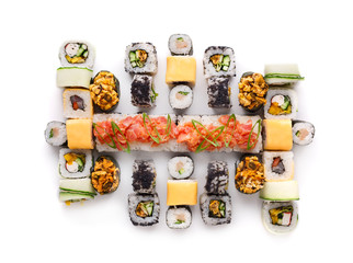 Sushi set for big party. Japanese food on white background