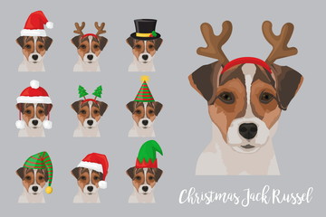 Christmas festive jack russel dog wearing celebration hats