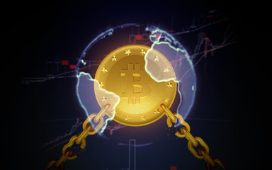 Golden coin bitcoin in the sphere of the earth with broken chains. The dark background of quotations. 3d render