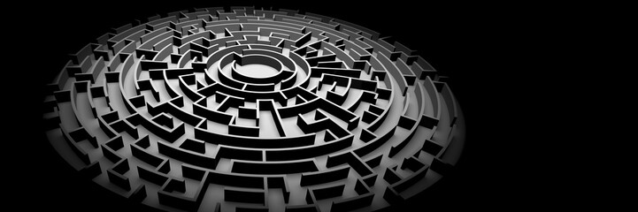 circular maze structure ablaze with light surrounded by darkness, banner