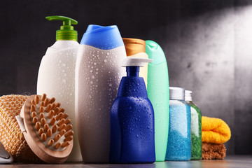Plastic bottles of body care and beauty products