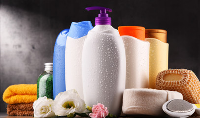 Plastic bottles of body care and beauty products