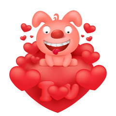 Funny pink bunny cartoon character sitting on heart