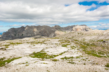 Panoramic mountain view of Italian Dolomites from Passo Groste.