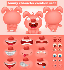 Creation set of cartoon emoticon pink bunny character.
