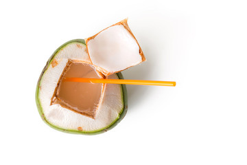 open fresh coconut with straw isolated on white © antpkr