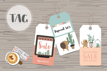 Light blue pink tag sale on summer with porcupine,cactus and bear