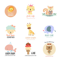 Cute logo design with lion,cat,sheep,giraffe,elephant,whale,ice cream,bear and squirrel