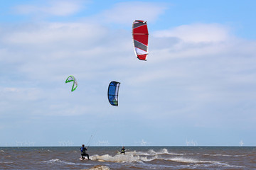 kitesurfers on the sea