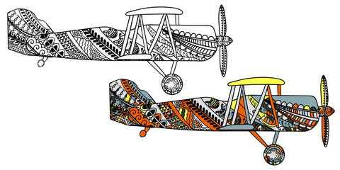 Airplane with ethnic doodle pattern. Zentangle inspired pattern for anti stress coloring book pages for adults and kids. Black on white and colored in one