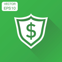 Shield with dollar icon. Business concept shield pictogram. Vector illustration on green background with long shadow.
