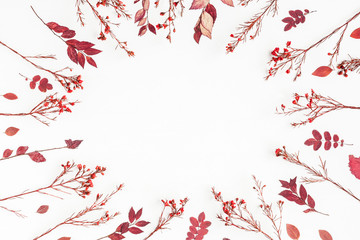 Autumn composition. Frame made of autumn flowers and leaves. Flat lay, top view, copy space