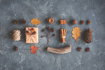 Autumn composition. Gift, autumn leaves, cinnamon sticks, anise stars, pine cones on black...